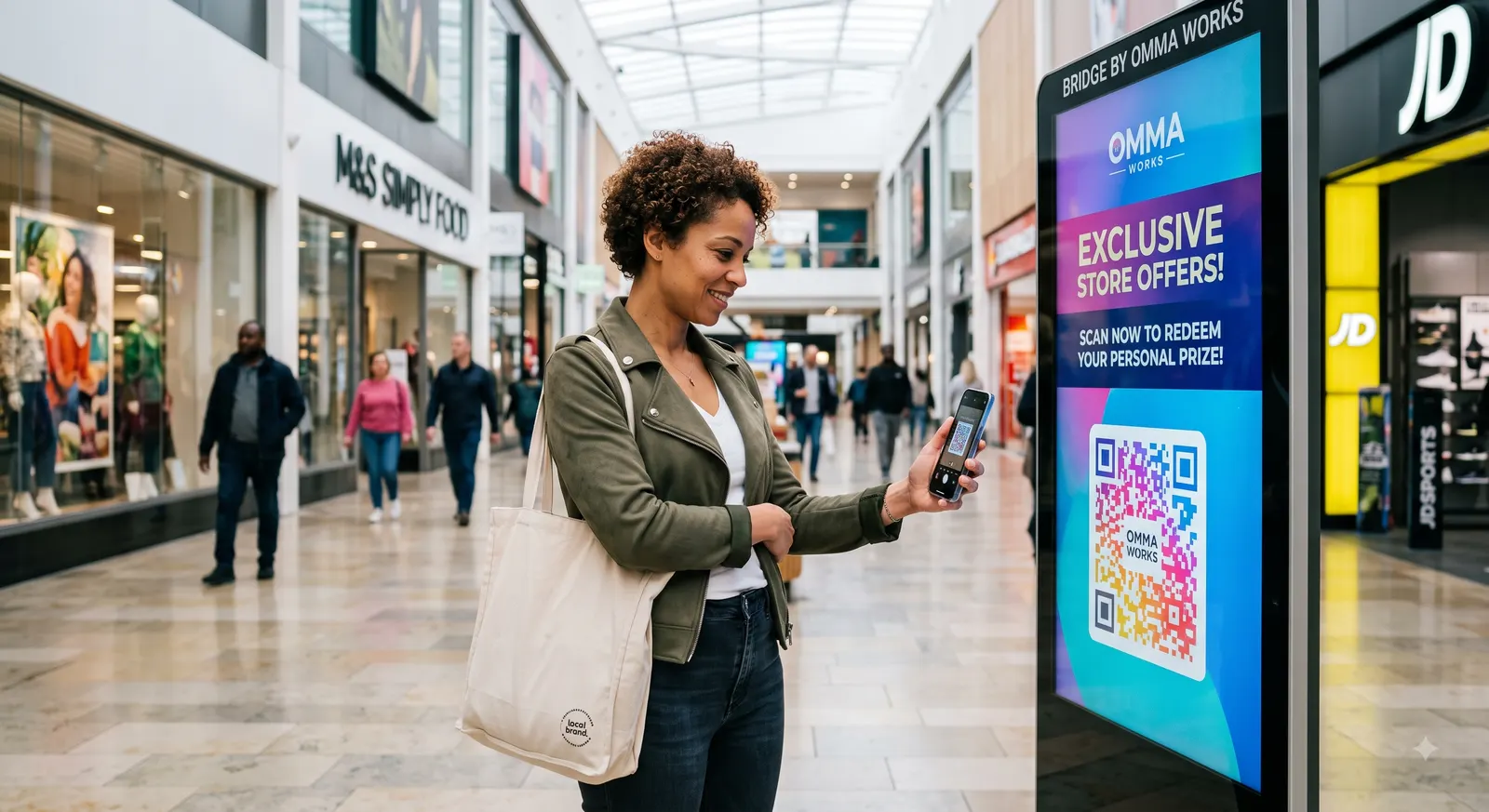 A shopper in a shopping centre holds her phone up to the QR code on an OmmaSign screen advertising exclusive store offers and a personal prize.