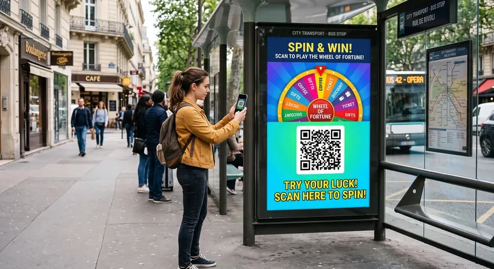 A woman at a city bus stop scans the QR code on a digital screen showing a Spin & Win wheel of fortune.