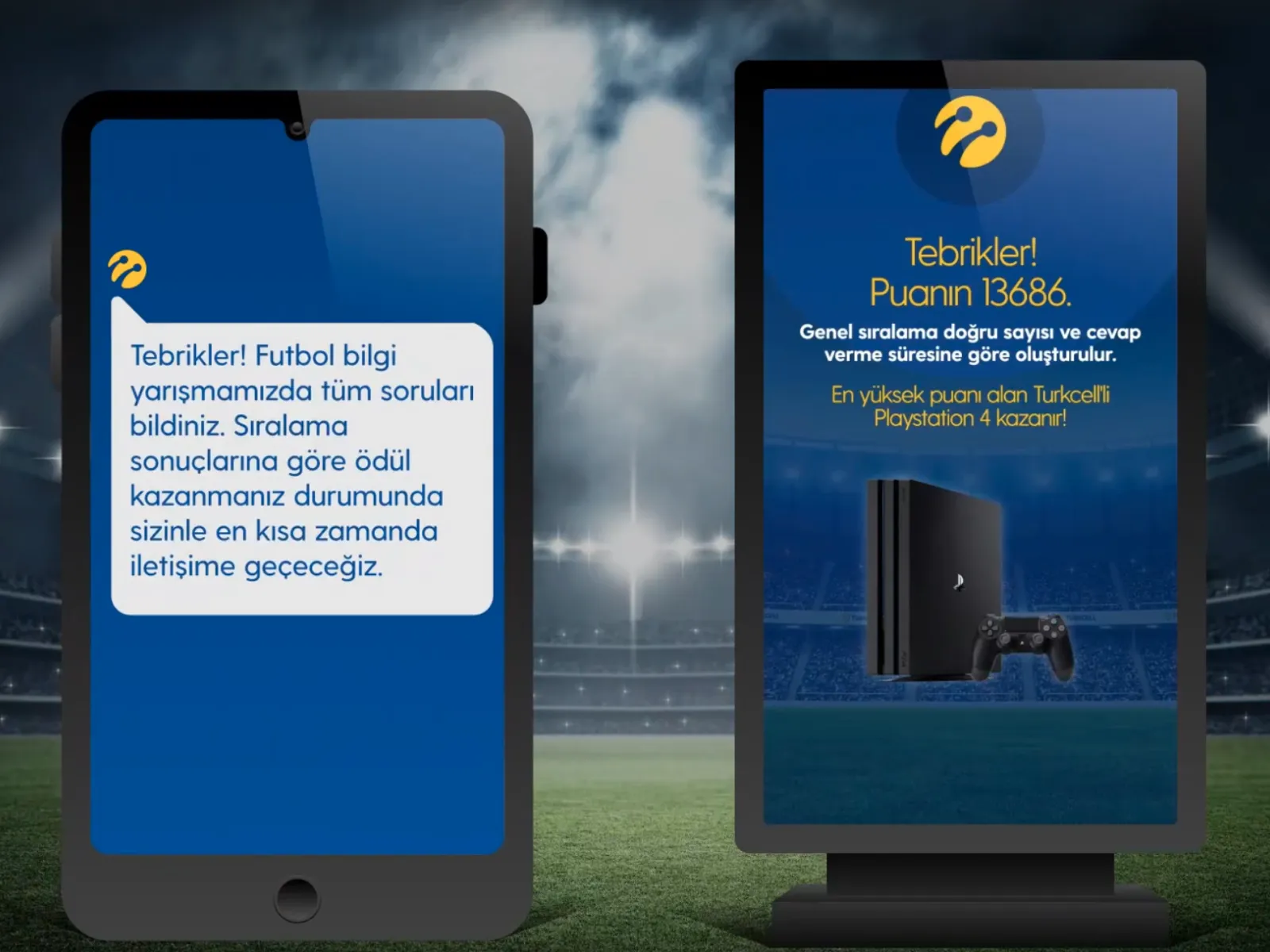 The player's final score on the store screen, beside the confirmation SMS on their own phone