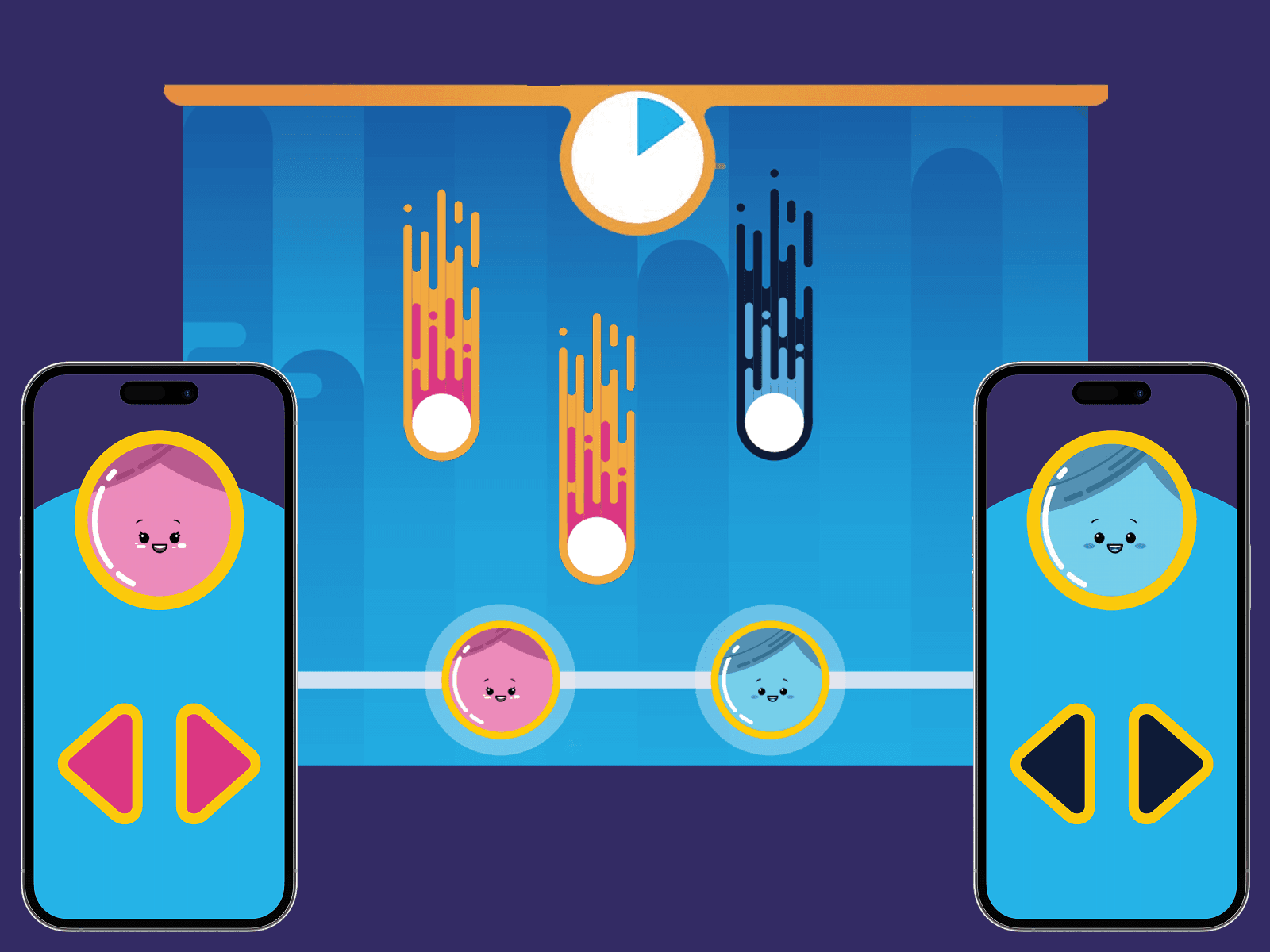 The Valentine's game in play: two phones act as left/right controllers, moving the pink and blue players to catch falling drops against a countdown