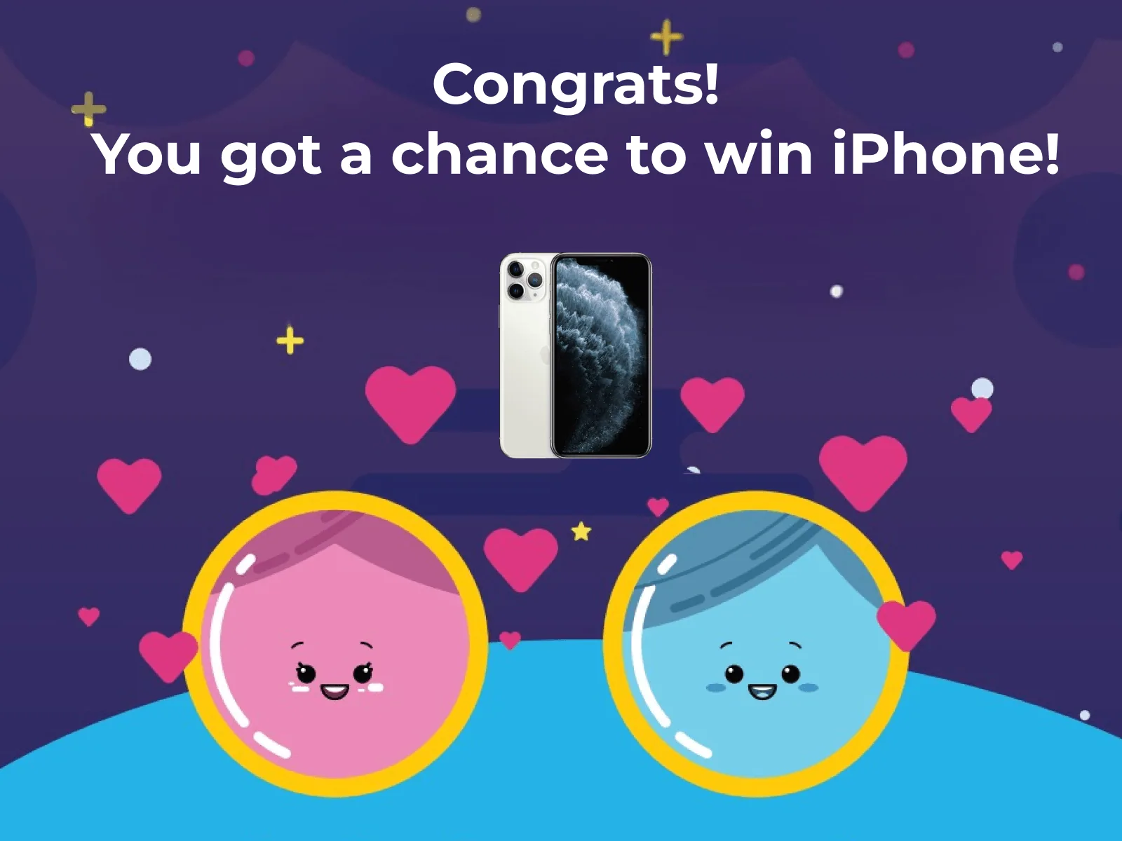 The game's end screen: 'Congrats! You got a chance to win iPhone!' with the two players and an iPhone