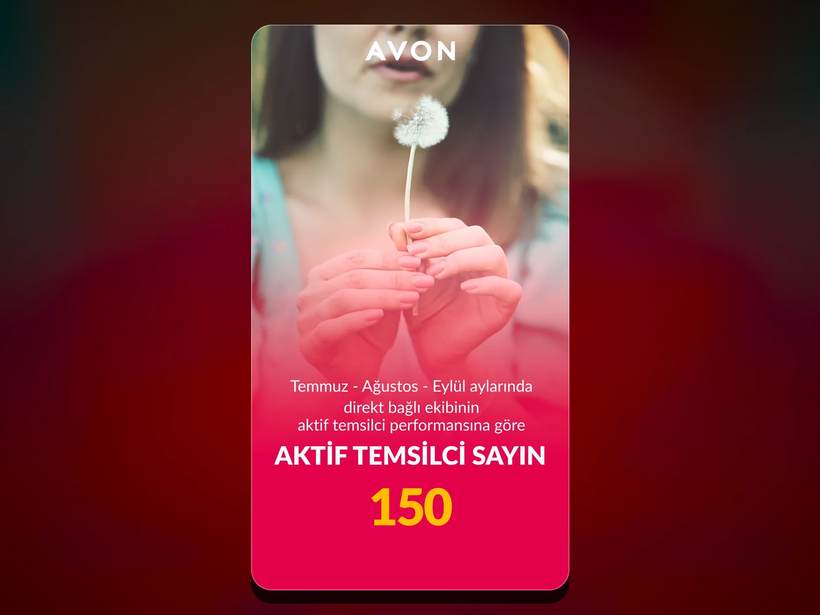 A frame from a personalized Avon video reporting a representative's active-team count for the quarter