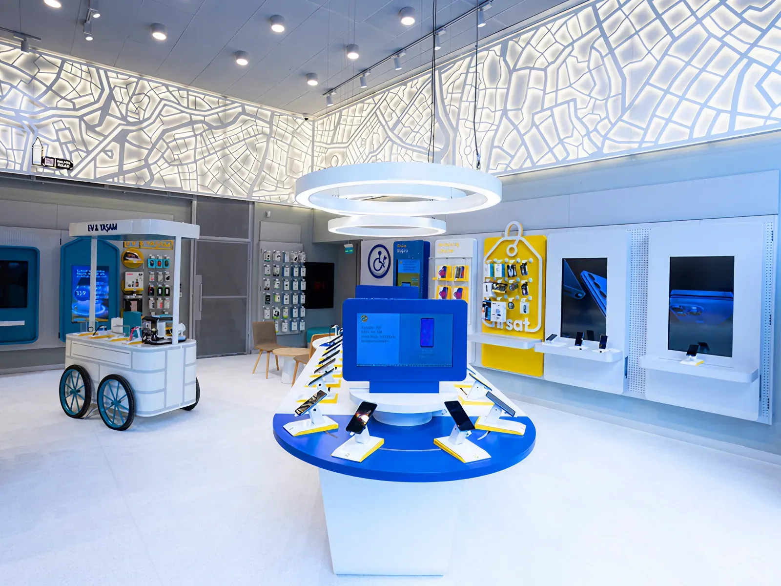 A bright Turkcell store where OmmaSign screens across the product table show live content under a map-lit ceiling