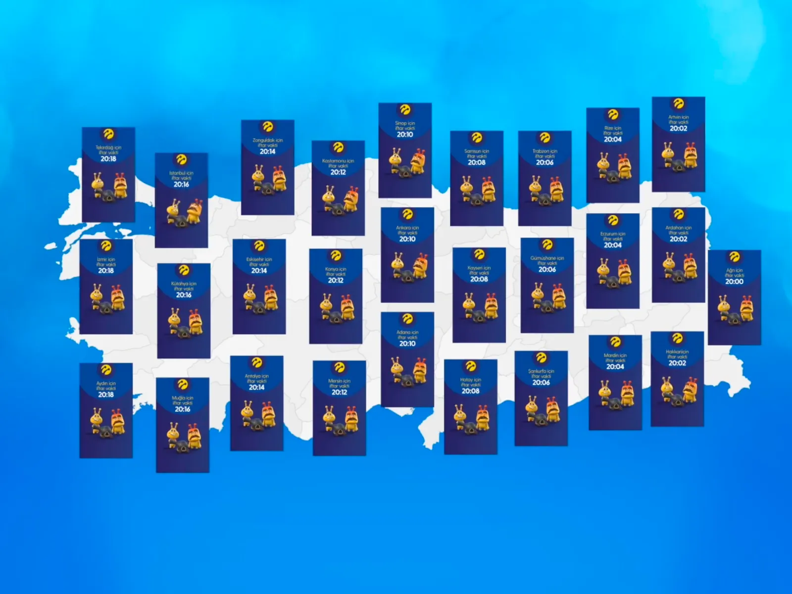 A map of Türkiye covered in Turkcell screens, each showing its own city's iftar time, from 20:00 in Ağrı to 20:18 in İzmir