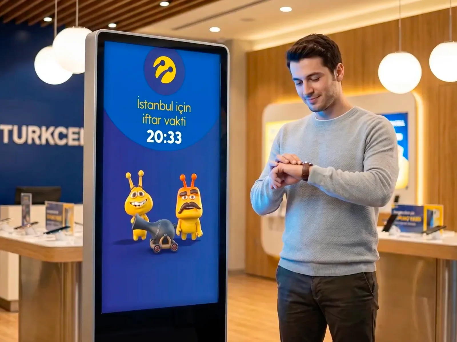 A Turkcell store screen reading 'İstanbul için iftar vakti 20:33' beside a shopper checking a watch