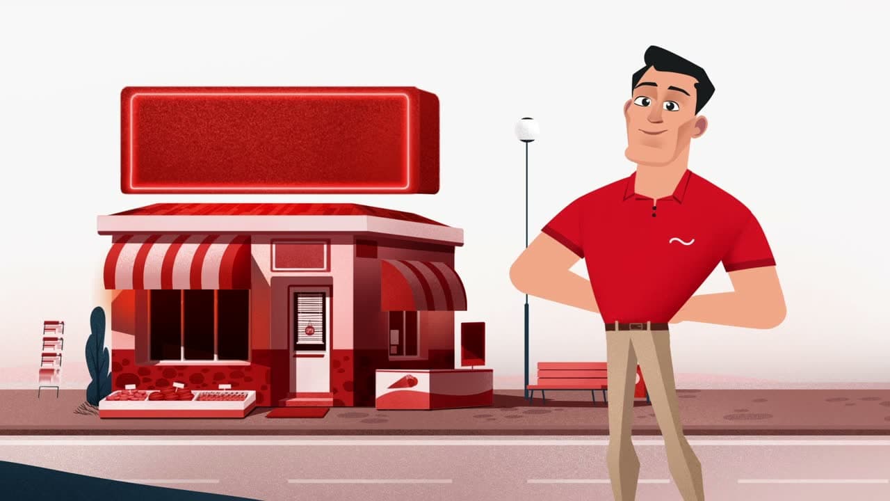 An illustrated shop owner in a red polo shirt standing outside his shop