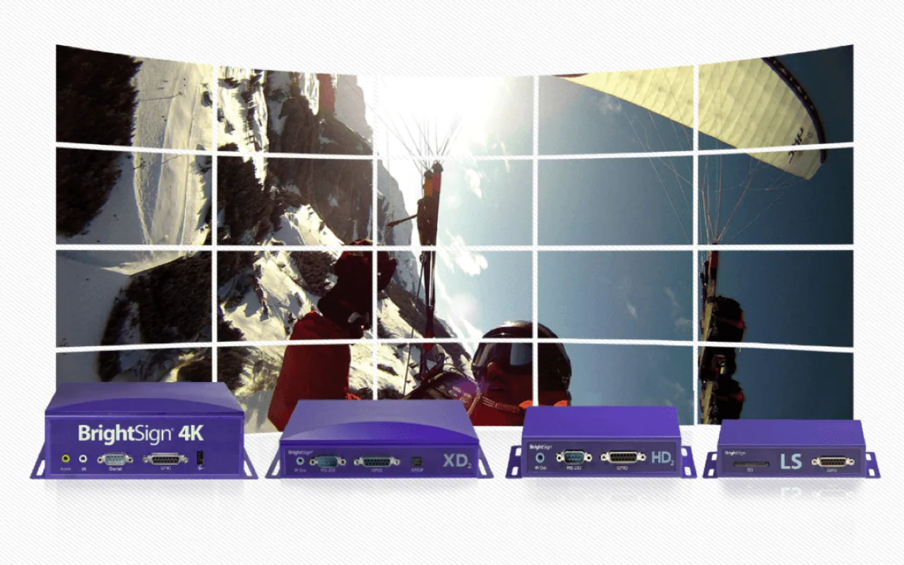 BrightSign 4K, XD, HD and LS solid-state media players in front of a video wall