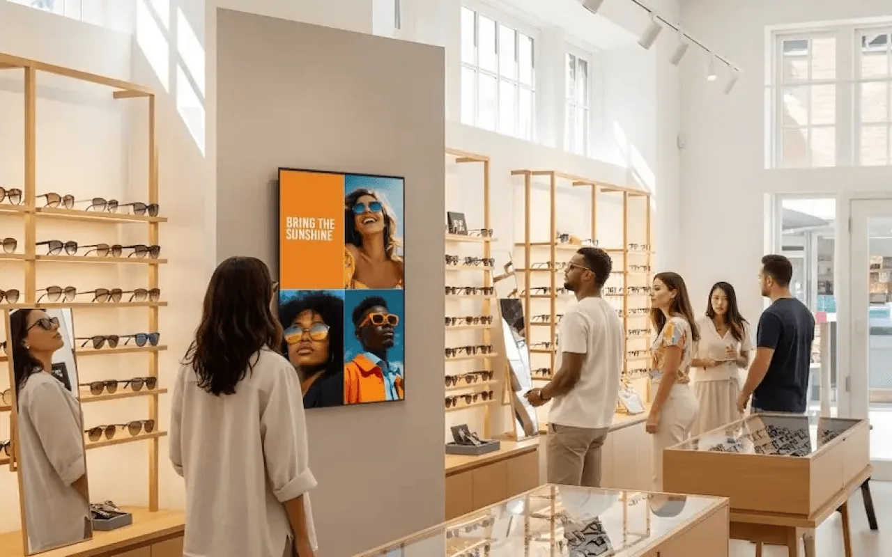 A Philips portrait professional display showing campaign content in an eyewear store