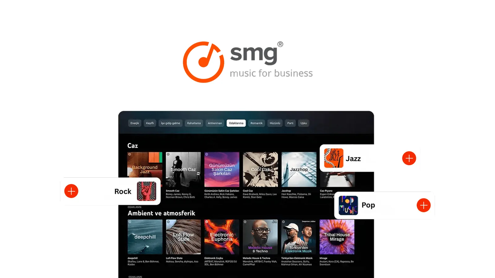 The SMG music-for-business dashboard showing curated playlist categories